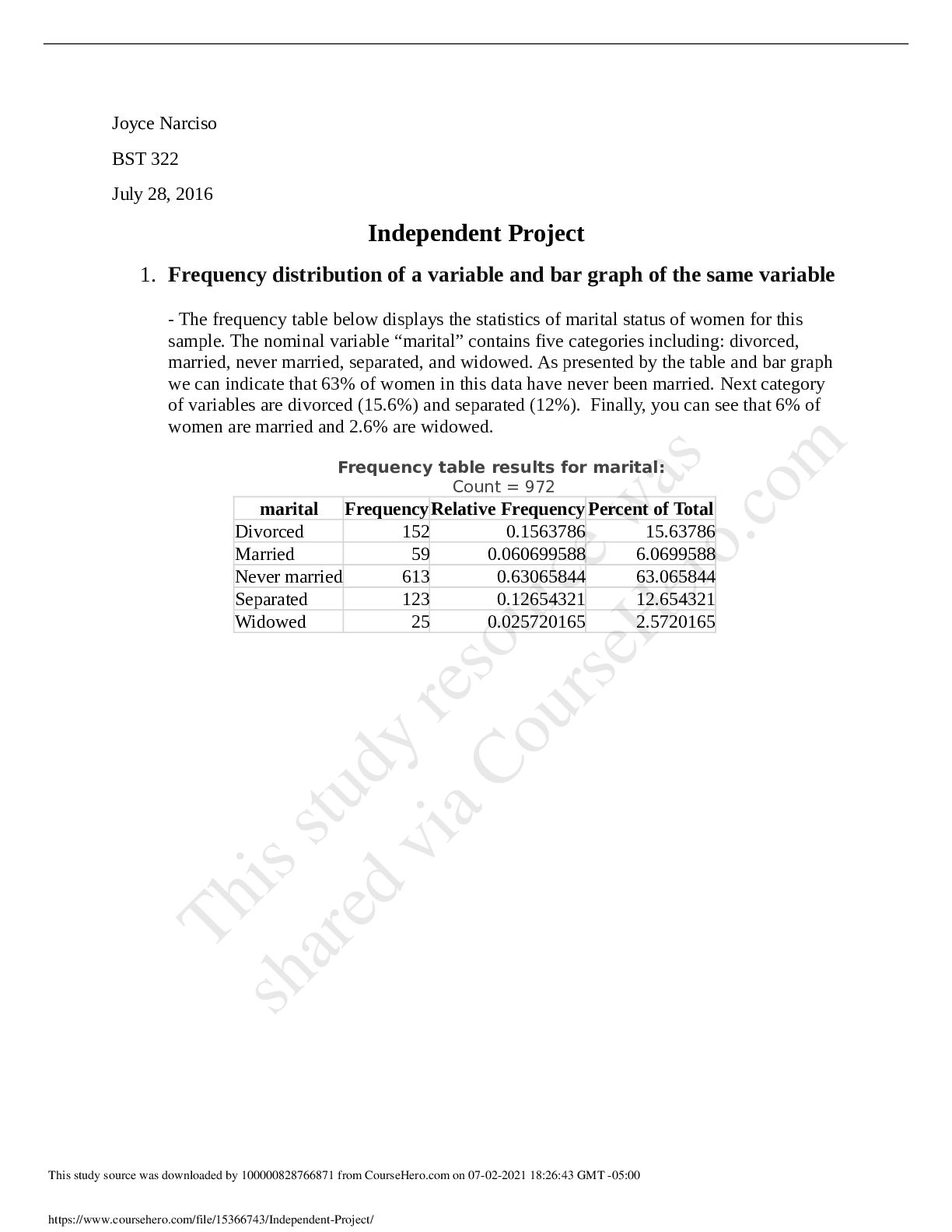 Preview image of BST 322 Independent Project document